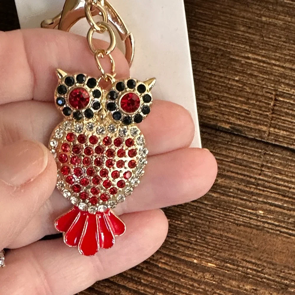 Keychain Red and Gold rhinestone Owl metal